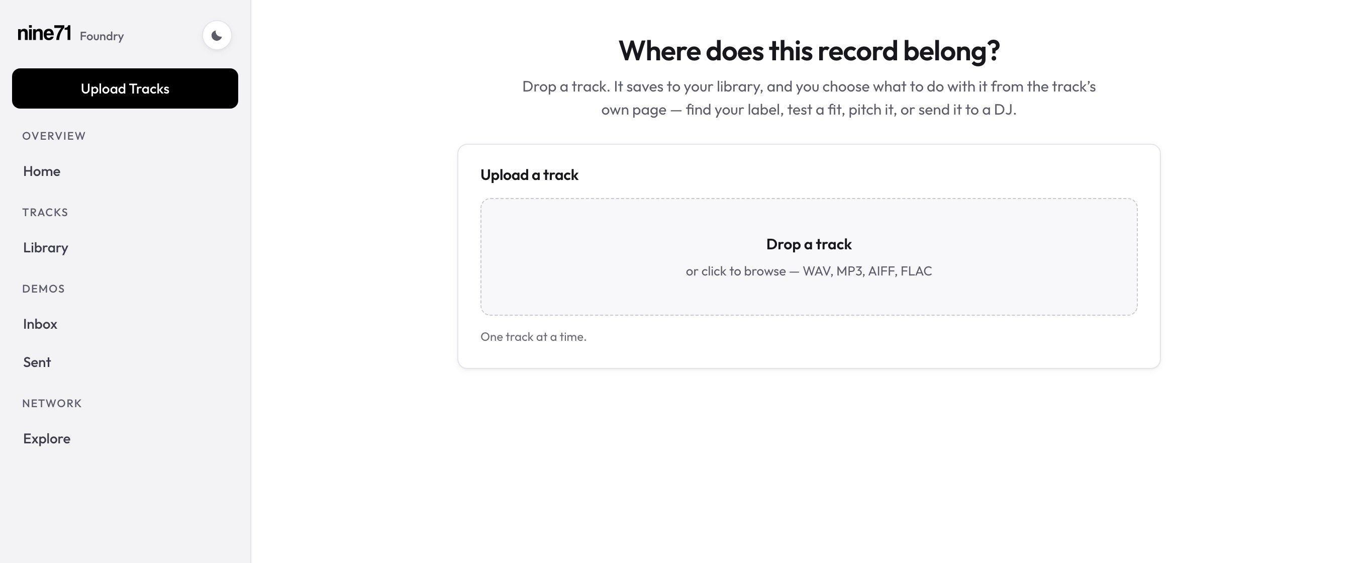 The Foundry workspace: drop a track to save it to your library and choose what to do with it